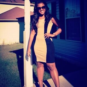 XOXO Tan Black Contrast Panel Bodycon Dress SZ 7/8